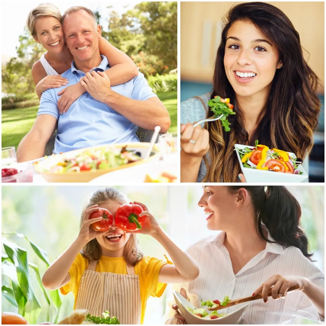 Families and individuals enjoying healthy meals together, fresh food lifestyle collage