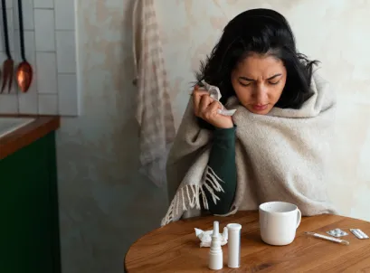 Woman feeling unwell at table with medicines, representing autoimmune disorder symptoms