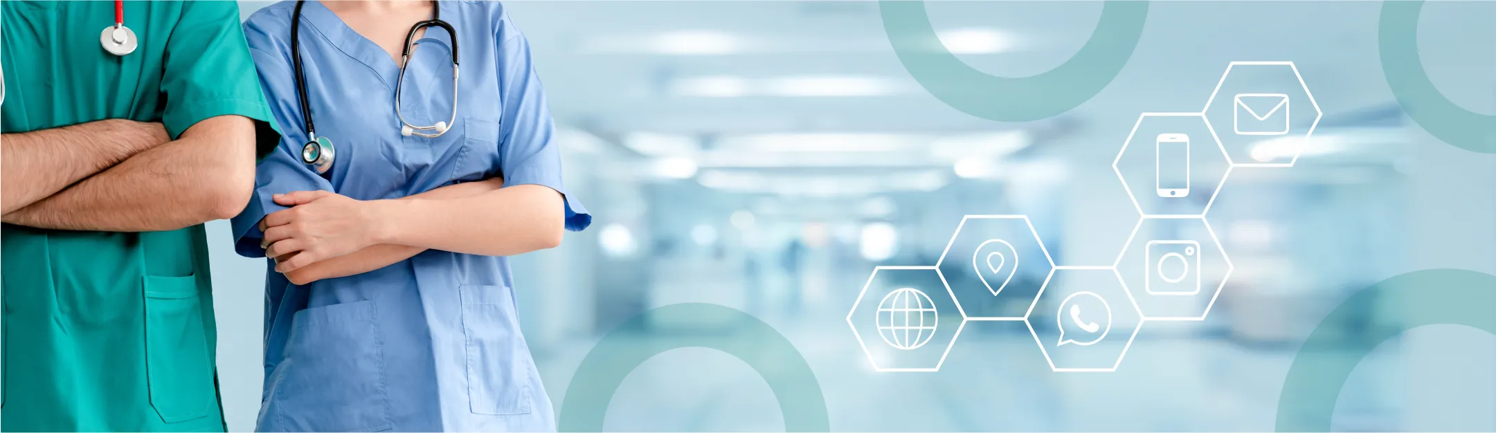 Doctors in scrubs standing together with digital healthcare communication icons overlay
