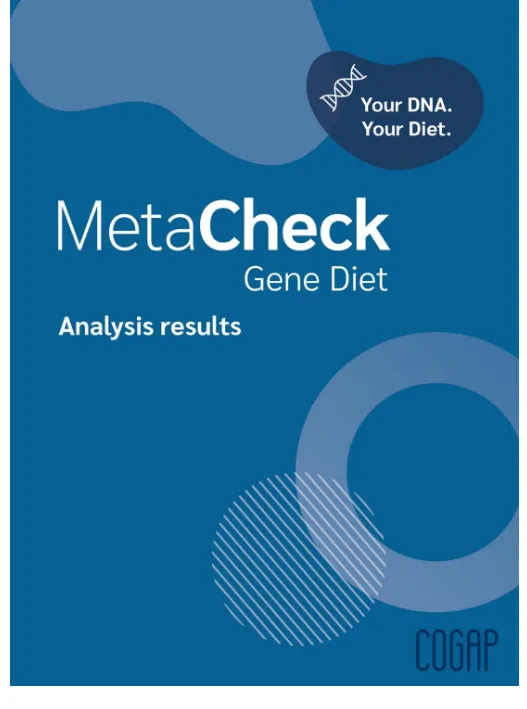 MetaCheck Gene Diet analysis results report cover with DNA-based nutrition theme