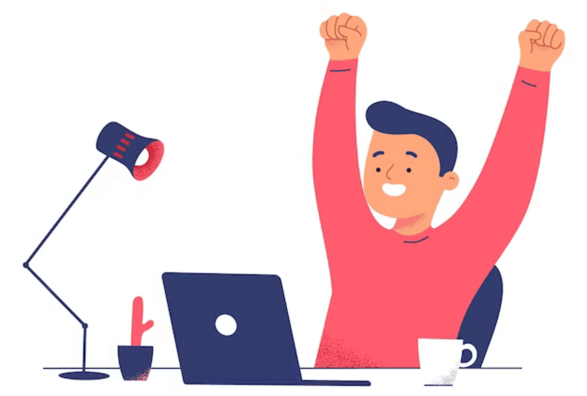 Happy man celebrating success at desk with raised arms and laptop
