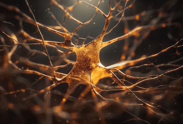Glowing neuron network illustrating glutamate as a natural brain stimulant