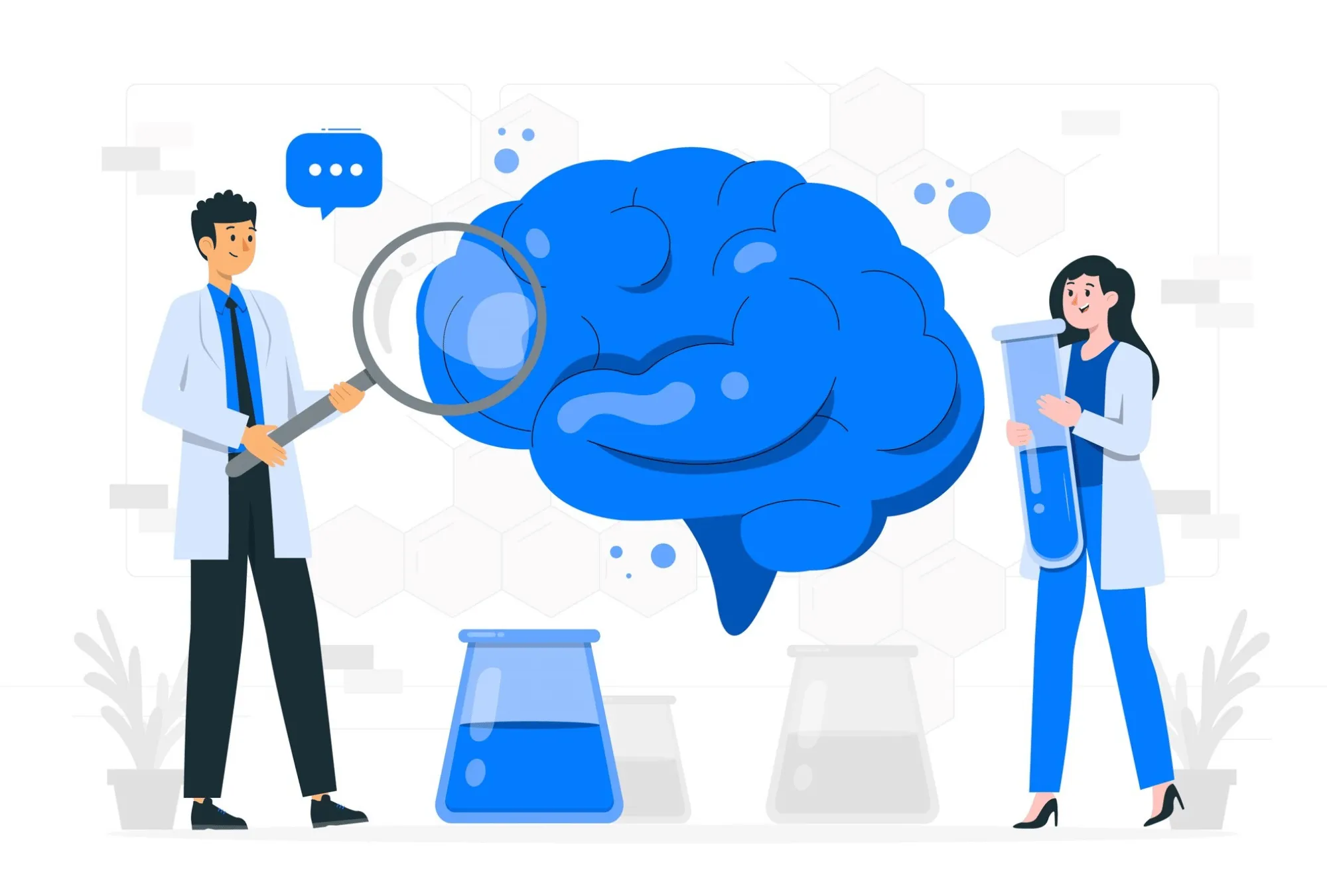 Illustration of scientists examining a brain in lab, representing neuroscience research
