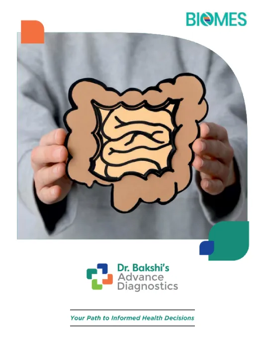 Illustrated gut held in hands, representing gut microbiome health brochure
