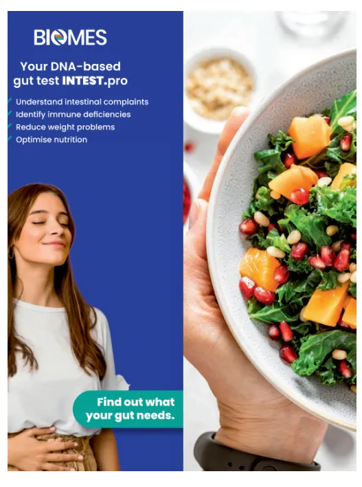 Gut microbiome brochure showing healthy digestion and DNA-based nutrition guidance
