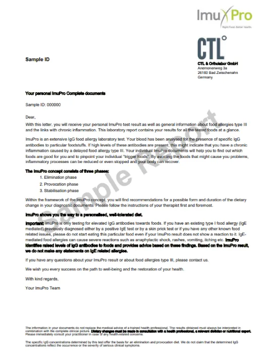 ImuPro sample report document showing test explanation and personalized results