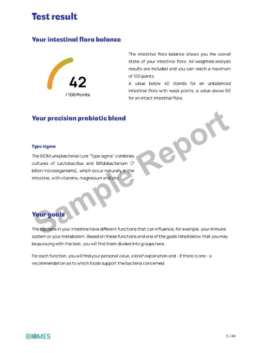 Gut microbiome sample report page showing intestinal flora balance score
