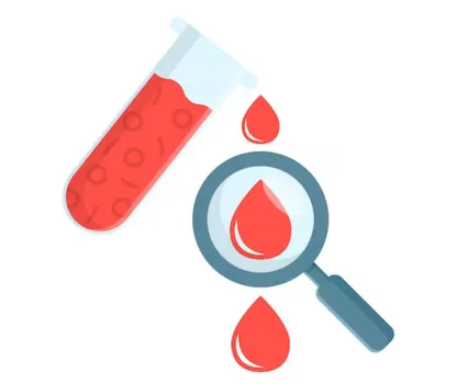 Advanced blood testing icon with test tube and magnifying glass graphic