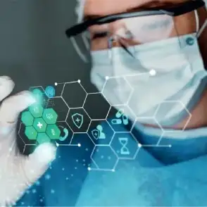 lab assistant in mask and gloves interacting with digital medical interface icons
