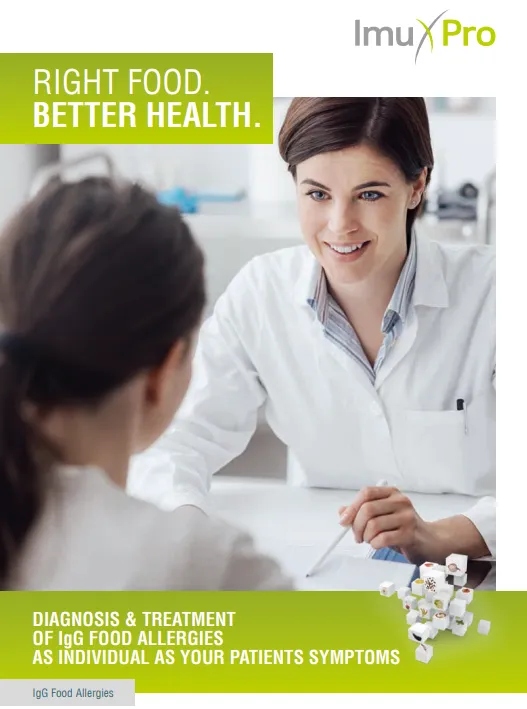 Doctor consulting patient, ImuPro brochure highlighting IgG food allergy testing