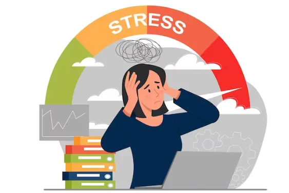 Stressed woman at laptop holding her head, workload and stress meter behind
